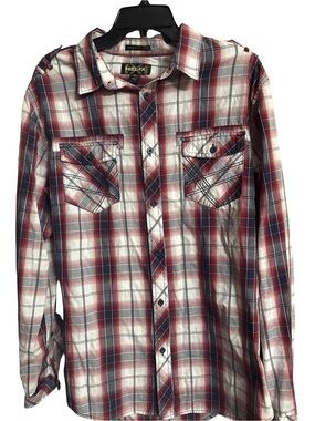 Helix Men’s Red, White and Gray Plaid Long-Sleeve Button-Up Shirt